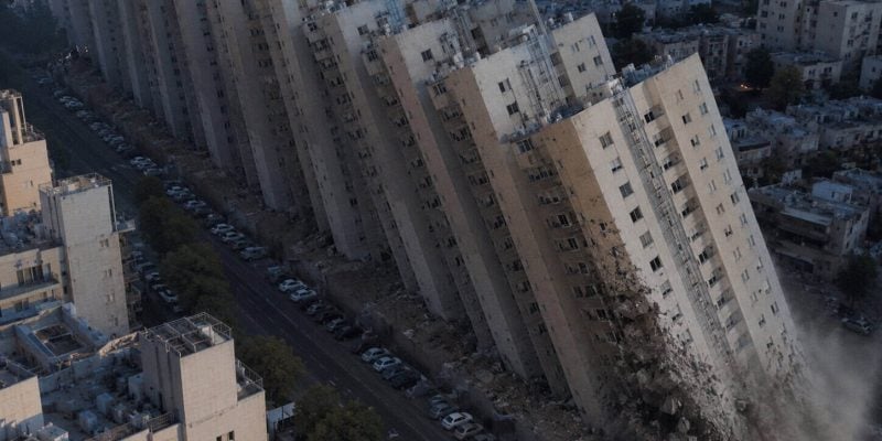 collapsing towers in urban chaos