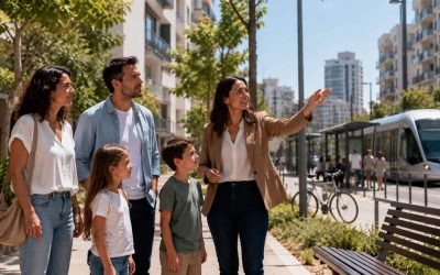 Family weighing commute and livability near Israeli residential buildings and transit access
