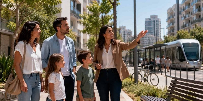 Family weighing commute and livability near Israeli residential buildings and transit access