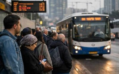 Public transit bus driving in Central Israel with a route map overlay