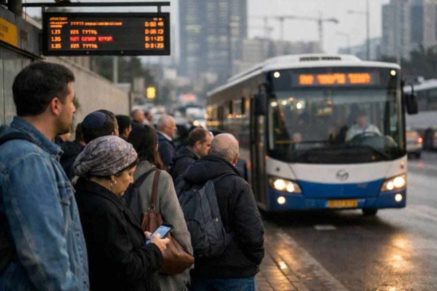 Public transit bus driving in Central Israel with a route map overlay