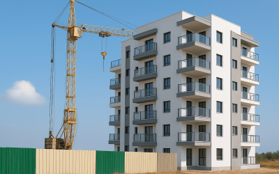 Construction site with crane and apartment building exterior.