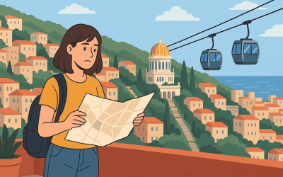 Woman studying a tourist map on a cable car route.