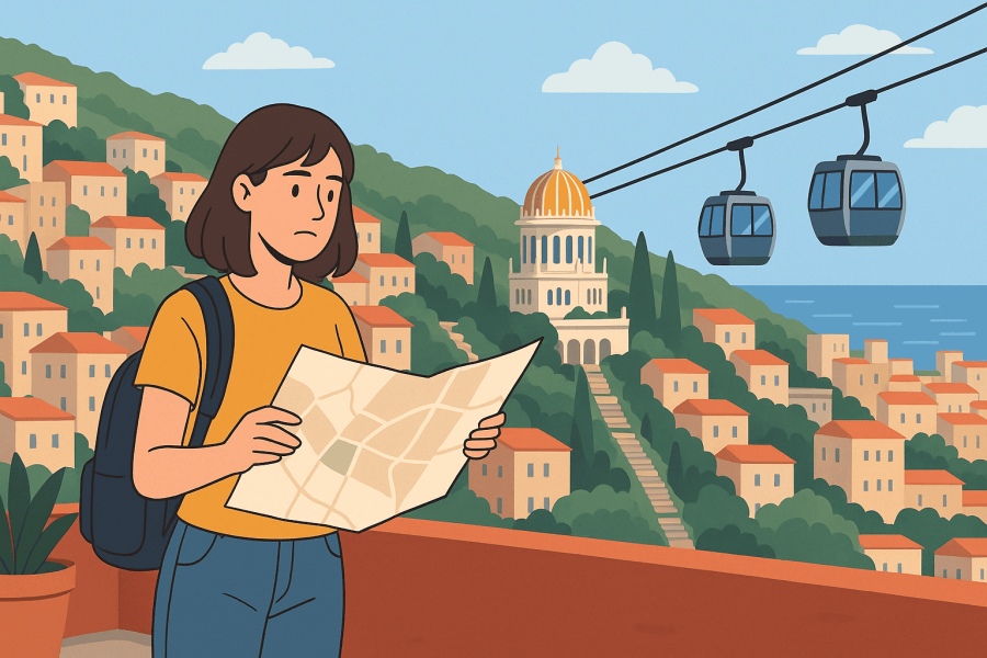 Woman studying a tourist map on a cable car route.