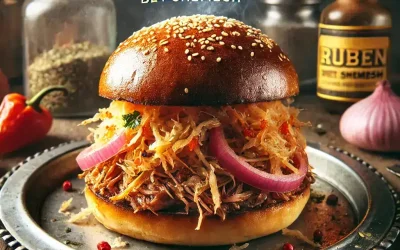 The image features a delicious-looking Ruben sandwich from Bet Shemesh. The sandwich is placed on a metal plate with the same branding. It consists of a toasted sesame seed bun, pulled pork, shredd...