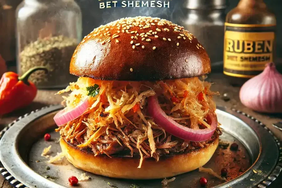 The image features a delicious-looking Ruben sandwich from Bet Shemesh. The sandwich is placed on a metal plate with the same branding. It consists of a toasted sesame seed bun, pulled pork, shredd...