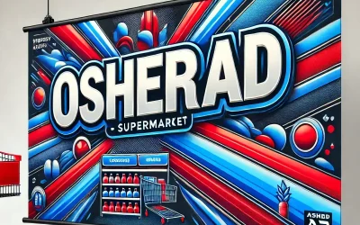The image features a vibrant and colorful advertisement for "Osherad Supermarket." The design is dynamic and eye-catching, with bold red, blue, and white colors dominating the background. The word...