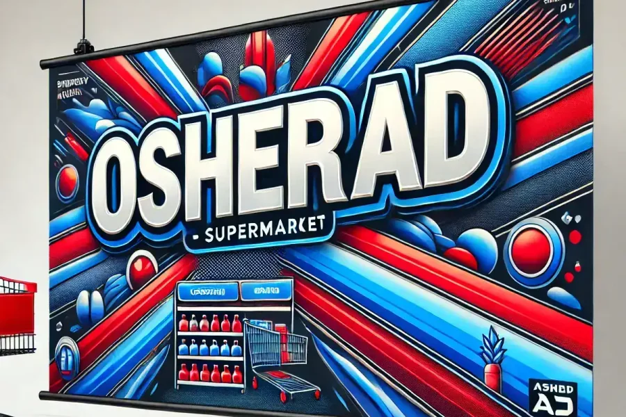 The image features a vibrant and colorful advertisement for "Osherad Supermarket." The design is dynamic and eye-catching, with bold red, blue, and white colors dominating the background. The word...