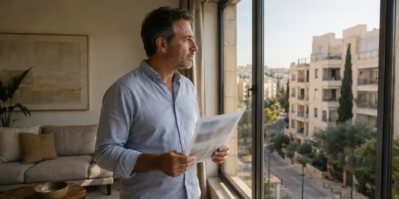 Homeowner by a window holding a listing sheet, weighing whether to take a property off the market
