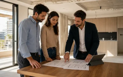 Buyers and advisor reviewing floor plans inside a new Israeli apartment while discussing developer concessions