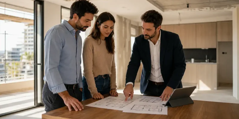 Buyers and advisor reviewing floor plans inside a new Israeli apartment while discussing developer concessions