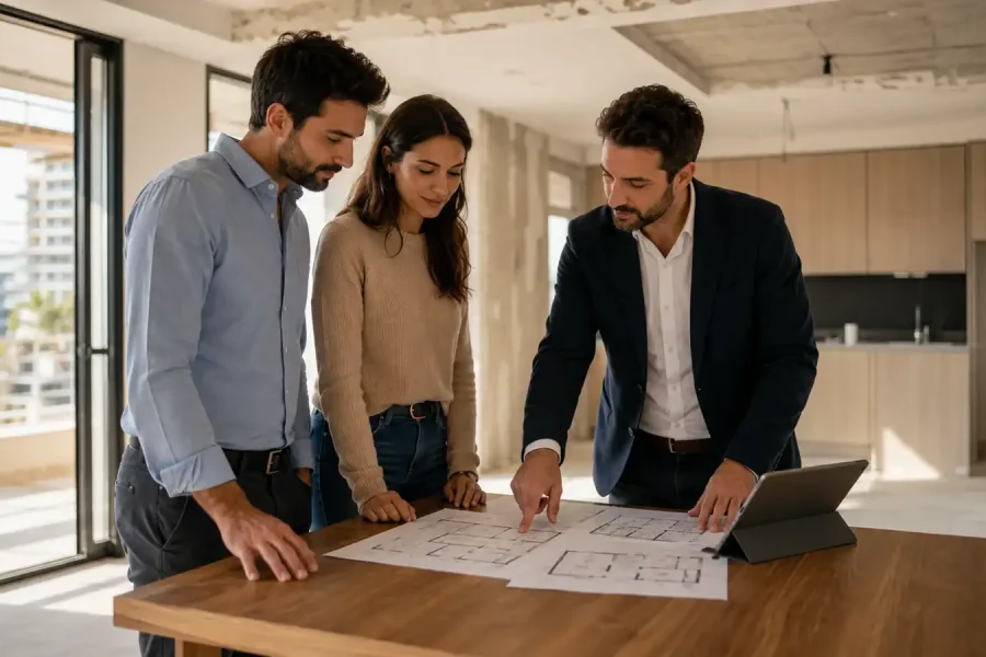 Buyers and advisor reviewing floor plans inside a new Israeli apartment while discussing developer concessions