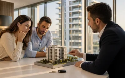 Couple reviewing a developer free upgrade offer with a sales consultant at a new-build apartment showroom
