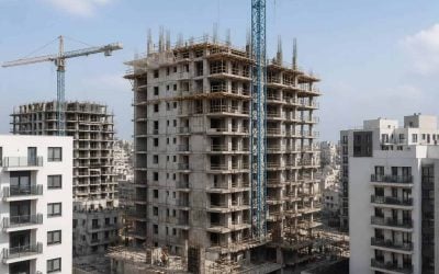 Modern apartment towers under construction in an Israeli city with cranes and surrounding residential buildings