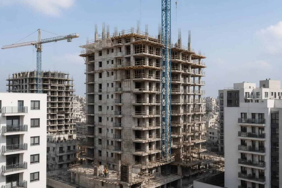 Modern apartment towers under construction in an Israeli city with cranes and surrounding residential buildings