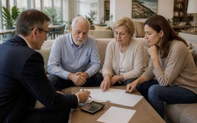 Older couple and adult child discussing retirement housing finances with an advisor in a modern residence
