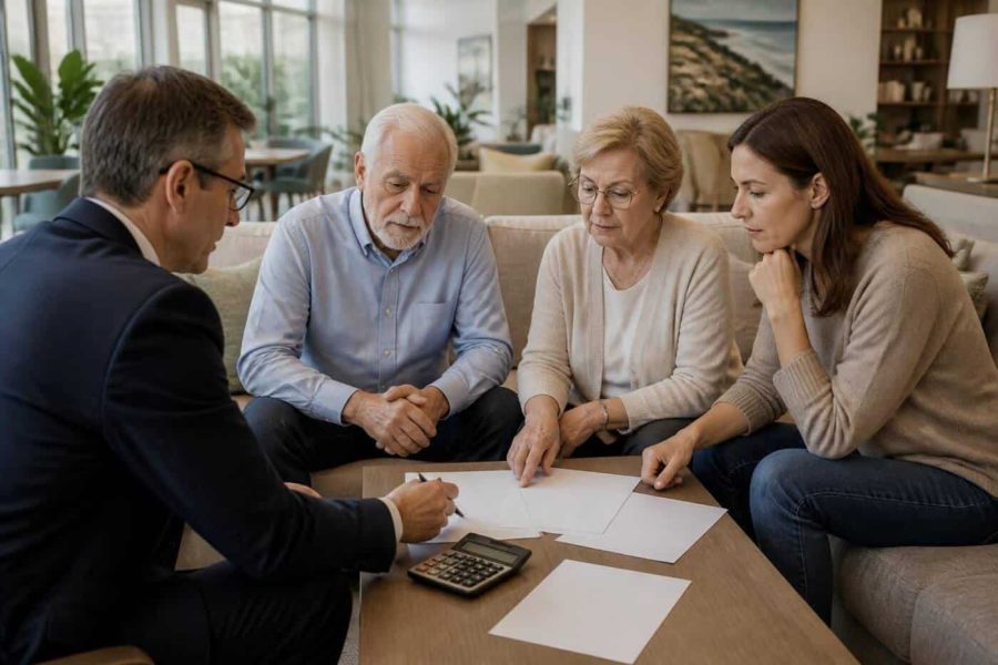 Older couple and adult child discussing retirement housing finances with an advisor in a modern residence