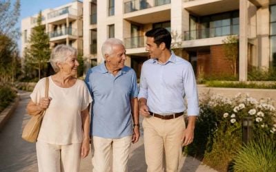 Older couple walking through a modern senior living community in central Israel