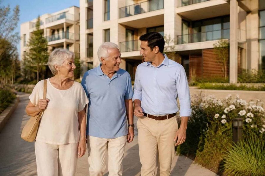 Older couple walking through a modern senior living community in central Israel