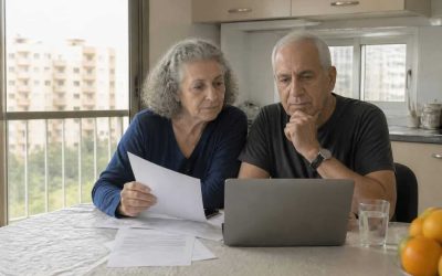 Retired couple reviewing apartment finances at a kitchen table in a modest Israeli home