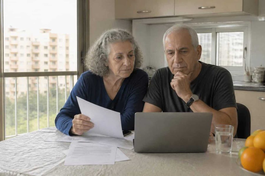 Retired couple reviewing apartment finances at a kitchen table in a modest Israeli home
