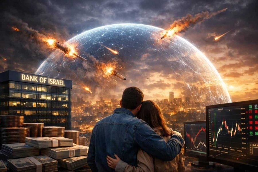 Conceptual illustration of a protective shield over Israeli currency, representing the Bank of Israel's economic relief plan