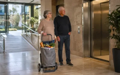 Older couple with a small grocery cart waiting at an open elevator in a step-free building lobby