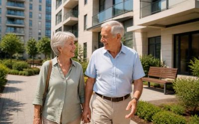 Senior couple walking near a modern retirement community in central Israel
