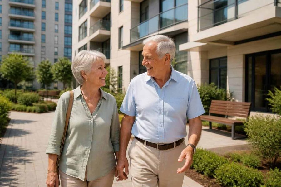 Senior couple walking near a modern retirement community in central Israel