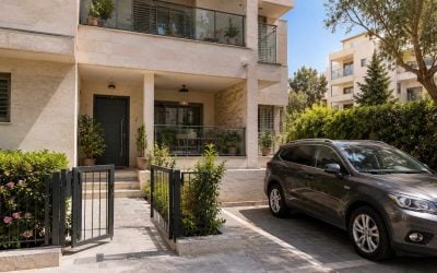 Entrance-level Israeli apartment building with private parking nearby