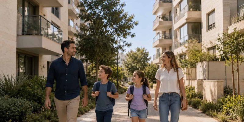 Anglo family comparing move-in-ready homes in an Israeli neighborhood