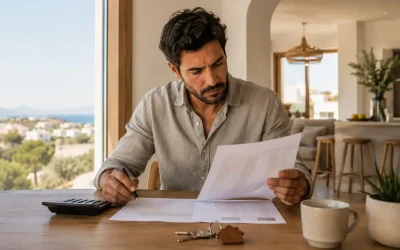Investor comparing mortgage costs to net rental yield with a calculator, documents and apartment keys