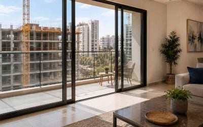 Finished apartment interior beside an unfinished Israeli building area