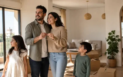 Immigrant family with moving boxes and keys settling into their first Israeli apartment during aliyah