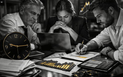 Business team meeting with clock and laptop on table.