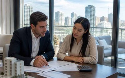 A real estate agent and buyer reviewing mortgage documents in a modern Israeli apartment