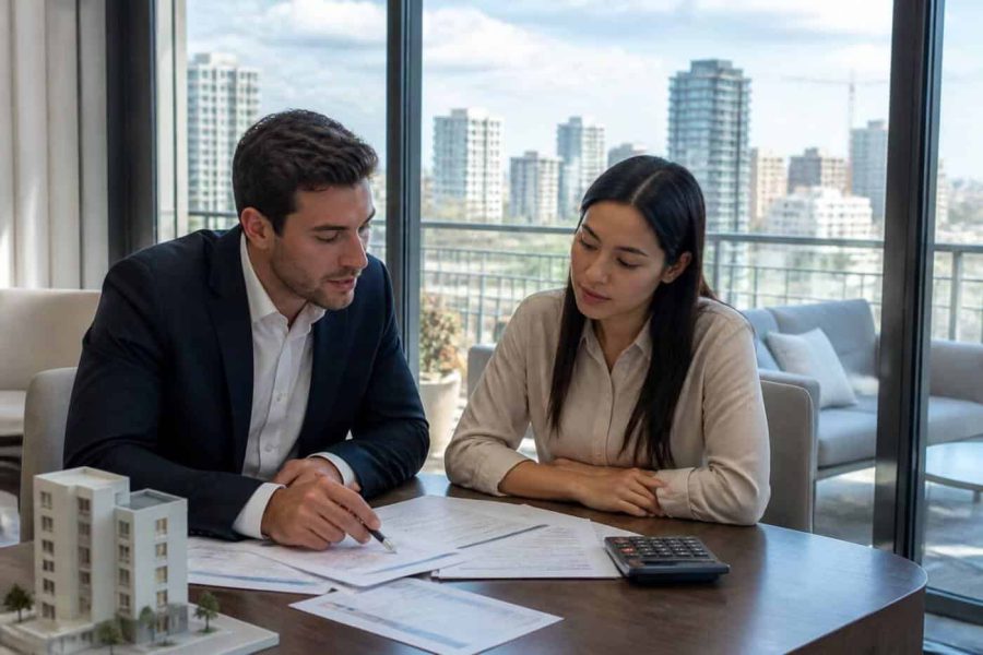 A real estate agent and buyer reviewing mortgage documents in a modern Israeli apartment