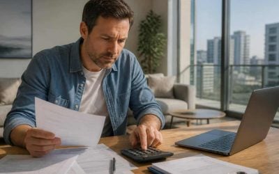 Foreign buyer reviewing Israeli property budget with currency and mortgage documents