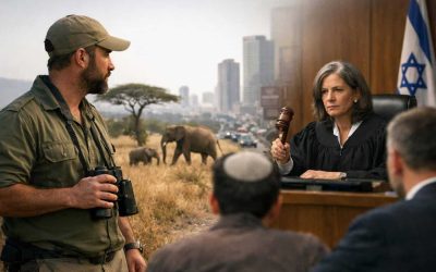 Illustration contrasting Israeli nature trails with urban construction cranes and a judge's gavel