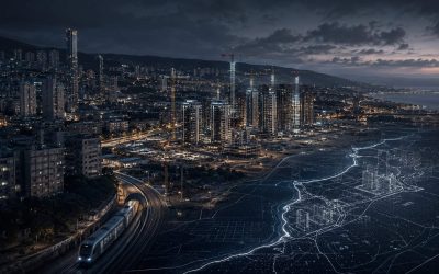 Dark urban construction skyline with digital planning overlay