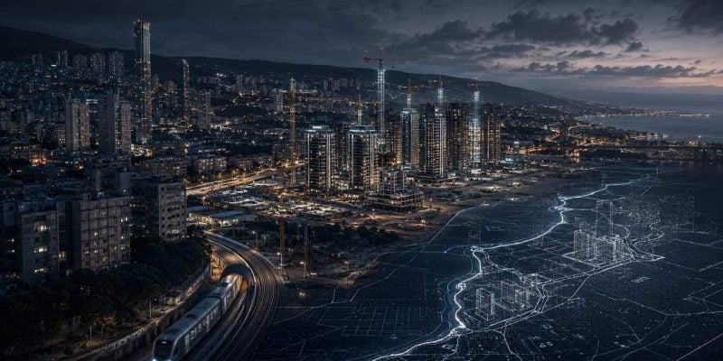 Dark urban construction skyline with digital planning overlay