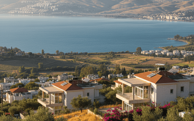 The image depicts a serene coastal landscape featuring a series of modern houses with terracotta roofs, situated on a hillside overlooking a vast body of water. The houses are surrounded by lush gr...
