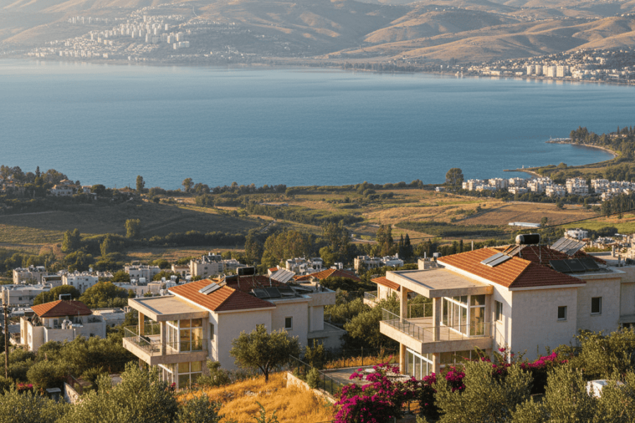 The image depicts a serene coastal landscape featuring a series of modern houses with terracotta roofs, situated on a hillside overlooking a vast body of water. The houses are surrounded by lush gr...