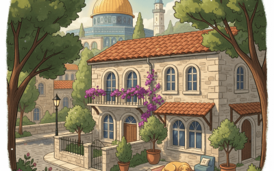 The image depicts a charming two-story stone house with a terracotta roof, situated in a serene, tree-lined street. The house features arched windows and a balcony adorned with purple flowers. A go...