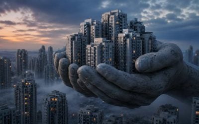 giant hands cradling a city at dusk