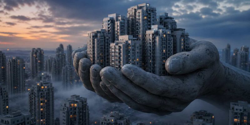 giant hands cradling a city at dusk