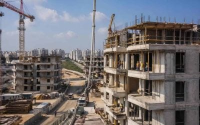 Modern residential apartment construction site in central Israel with cranes and unfinished buildings