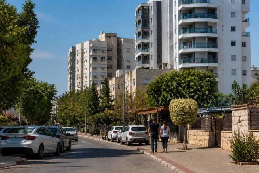 Residential apartment buildings and quiet streets in a compact central Israel city