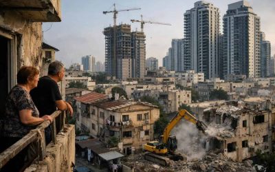 High-rise apartment buildings and construction cranes dominating the skyline of Givatayim, Israel
