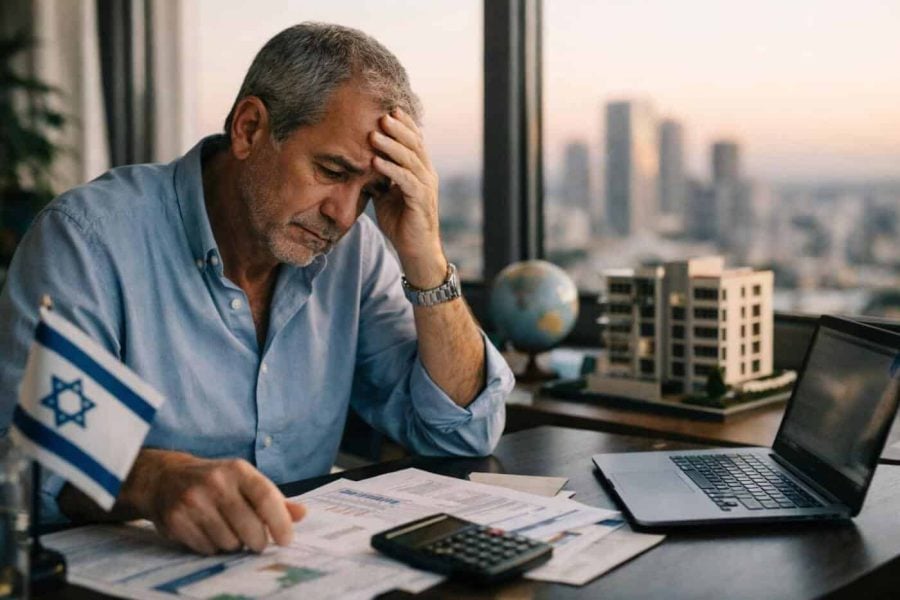 Global map with real estate symbols and tax documents symbolizing new regulations for Israeli investors